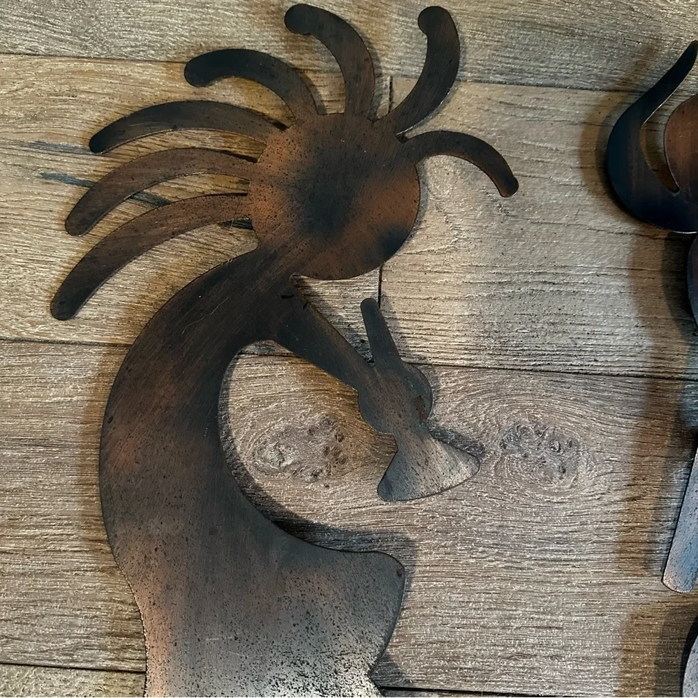 Vintage Large Kokopelli Metal Wall Art Pair Of 2 Copper Finish Boho Musician 20”